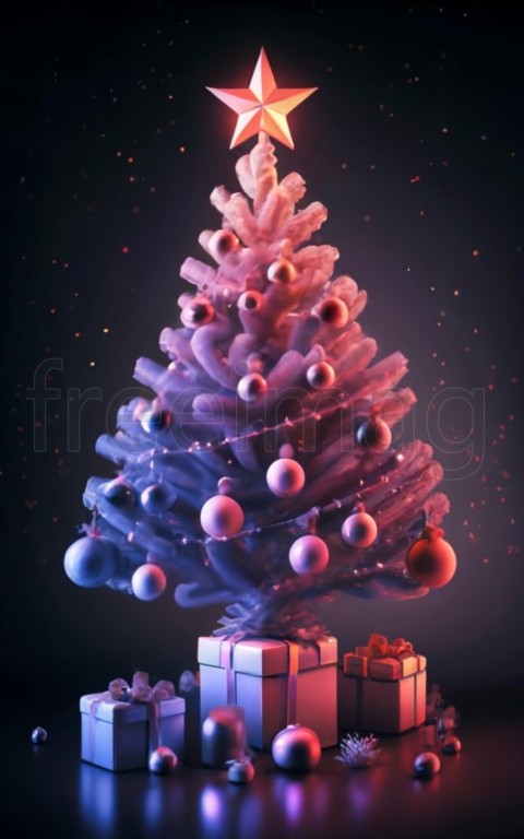 Árbol de Navidad en movimiento, brillante, con estrella, esferas, reflejo, colorido, regalos, luces, resplandor