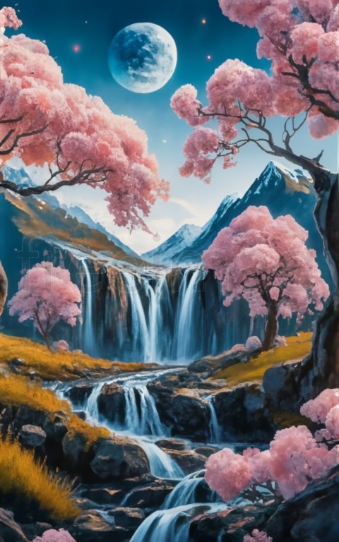 Obra de arte fascinante que entreteje el encanto de los melocotoneros con picos de montañas y una cascada