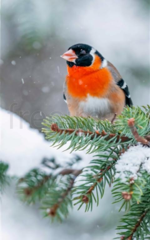 Alegre camachuelo en una rama de abeto en temporada de invierno