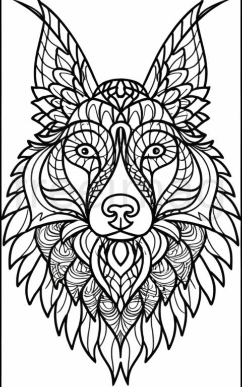 Página para colorear cara de lobo y patrones