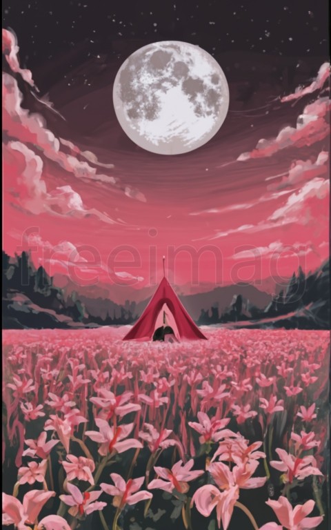 Póster de campo de lirios rojos, cielo rosa, luna grande, paisaje, mariposas blancas