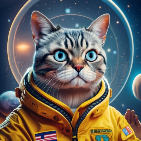 Cara de gato gruñón astronauta, estilo de color cósmico