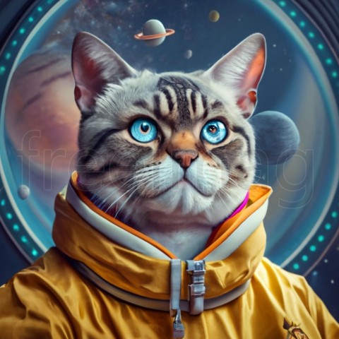 Cara de gato gruñón ojos azules astronauta, estilo de color cósmico