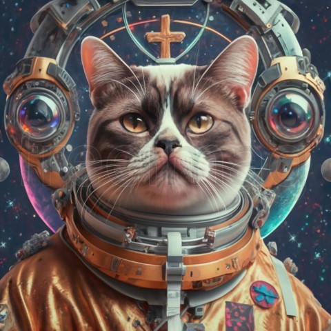 Cara de gato gruñón astronauta, estilo de color cósmico