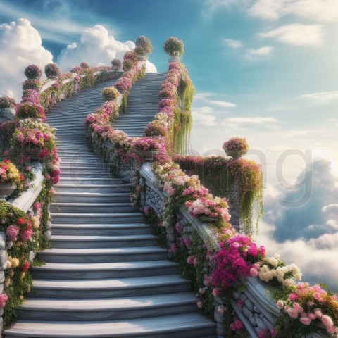 Escalera de piedra subiendo al cielo ornamentado con flores