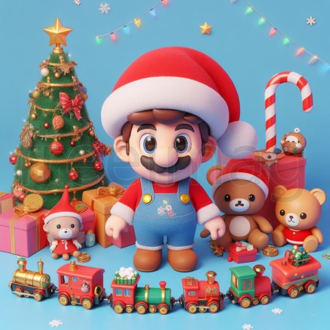Lindo bebé Mario Santa Claus con un árbol de navidad, luces, regalos, trenes de juguete