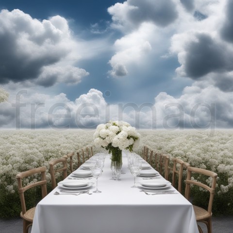 Mesa ornamentada con flores, cielo nubes y flores blancas