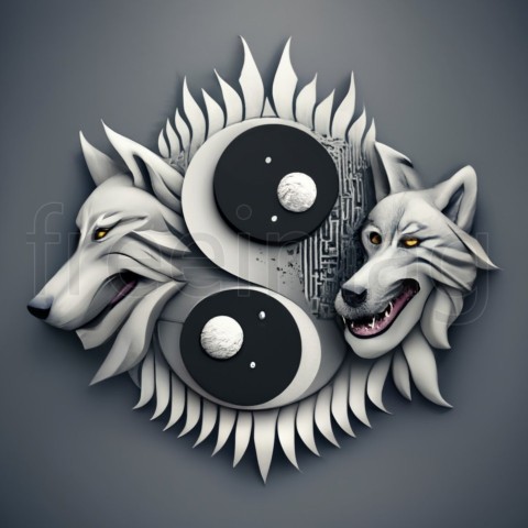 Signo de yang yang hecho con cabezas de lobo en blanco y negro