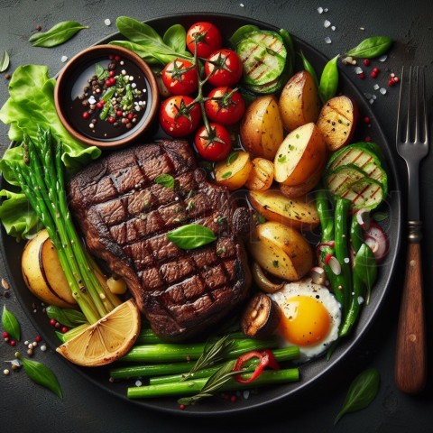 Imagen de un plato de carne de bistec cocido acompañado de patatas y verduras, un plato deportivo proteico, bien presentado