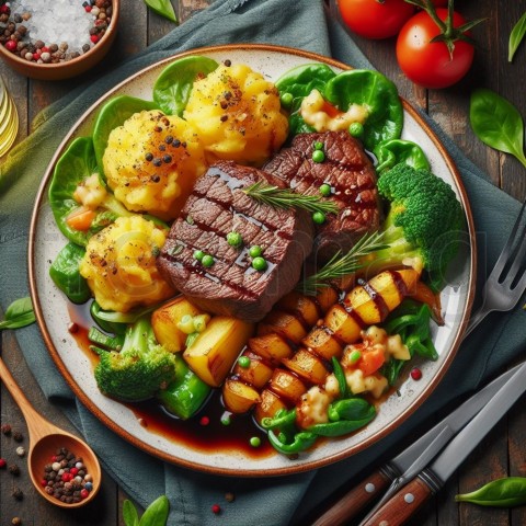 Imagen de un plato de carne de bistec cocido acompañado de patatas y verduras, un plato deportivo proteico, bien presentado