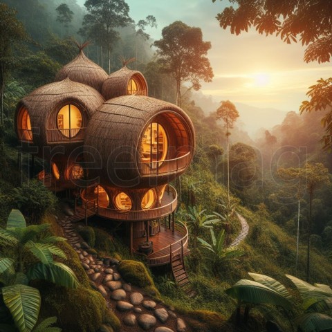 Cabaña cápsula en la selva tropical inspirada en pajas en medio de la selva tropical