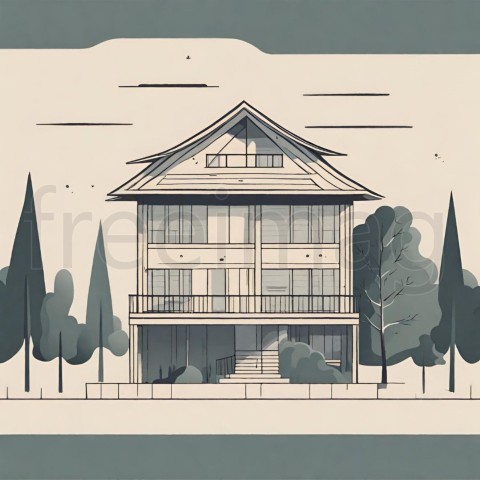 Ilustración minimalista de una casa y árboles