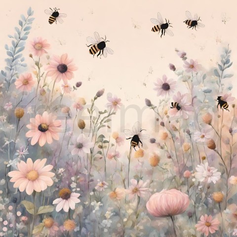 Un jardín mágico con abejas y flores en tonos pastel