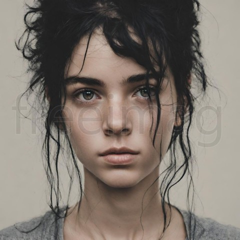 Retrato de una chica sin maquillaje y con pelo negro alborotado