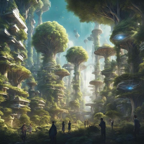 Una ciudad en un bosque mágico del futuro