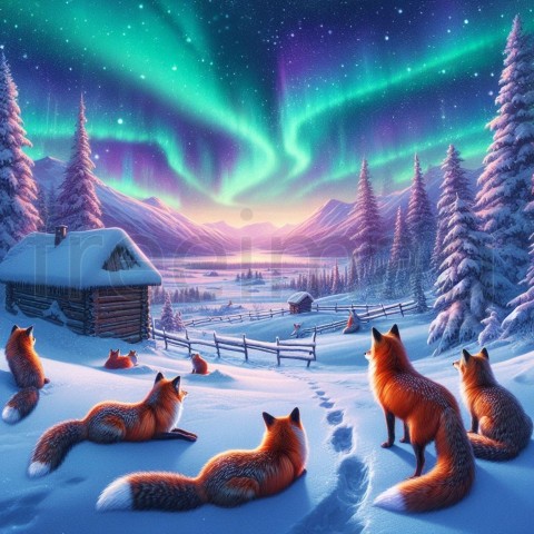 Paisaje invernal con una manada de zorros admirando la aurora boreal