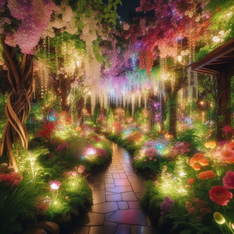 Imagen de un jardín secreto que florece y brilla por la noche