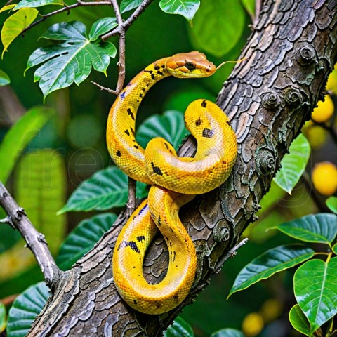 Pitón verde (jóvenes amarillo fase) caza de árbol tropical