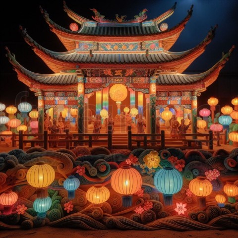 Una imagen Templo Chino Iluminado por Faroles festival nocturno de iluminando el cielo
