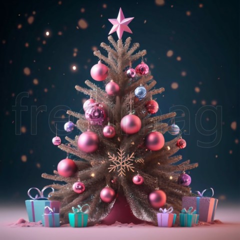 Árbol de Navidad en movimiento, brillante, con estrella, esferas, reflejo, colorido, regalos, luces, resplandor