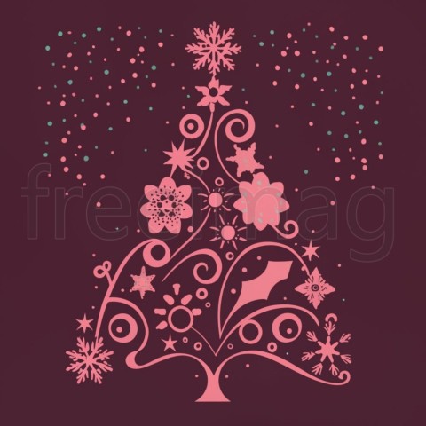 Ilustración Un árbol de Navidad rosa con flores, adornos morados y copos de nieve