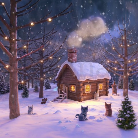 Ilustración, Copos de nieve, y gatitos, árboles cubiertos de nieve en un bosque  Una cabaña al fondo, humo saliendo de la chimenea