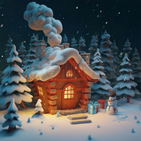 Fondo de Navidad divertido 3D Copos de nieve, árboles cubiertos de nieve en un bosque  Una cabaña al fondo, humo procedente de la chimenea