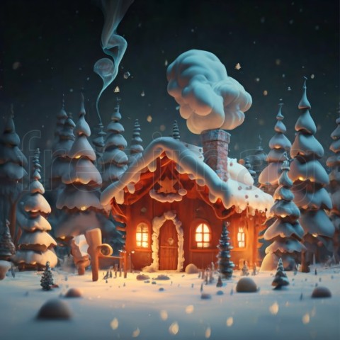 Fondo de Navidad divertido 3D Copos de nieve, árboles cubiertos de nieve en un bosque  Una cabaña al fondo, humo procedente de la chimenea
