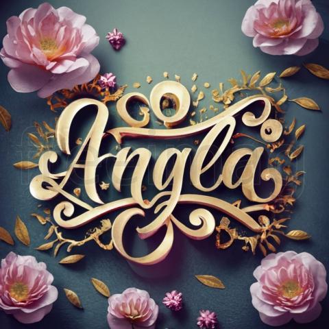 Imagen con el Texto Angela en oro, fuente elegante, brillante, majestuosa, con algunas flores y diamantes