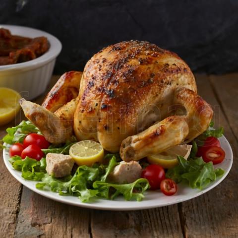 Un plato de pollo asado sazonado con hierbas y verduras
