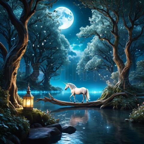 El unicornio y la luna Un encuentro mágico en un lago sereno