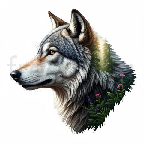 Cabeza Lobo con Vegetación, Ideal para Impresión