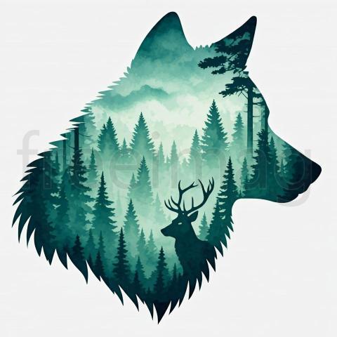 Silueta de Lobo con Bosque Arte Digital Minimalista  Ideal para Impresión