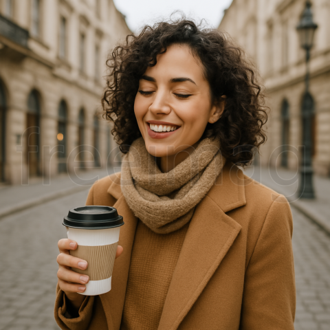 Mujer Disfrutando de un café en una pintoresca calle de la ciudad