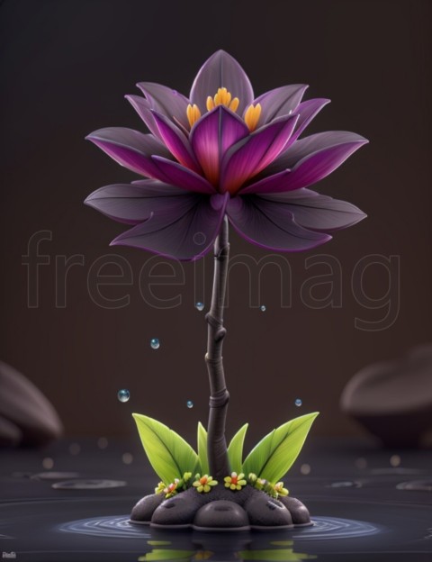 Hermosa flor exótica en una rama de color marrón oscuro con gotas de agua  Imagen 3D