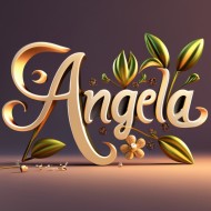 Imagen con el Texto Angela en oro, fuente elegante, brillante, majestuosa, con algunas flores y diamantes