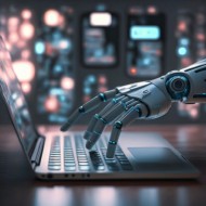 Las manos del robot apuntan al concepto de inteligencia artificial robótica del chatbot del asesor del botón del portátil