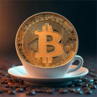 Taza de café ilustrada con letras bitcoin y GM