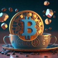 Taza de café ilustrada con letras bitcoin y GM