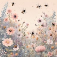 Un jardín mágico con abejas y flores en tonos pastel