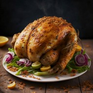 Un plato de pollo asado sazonado con hierbas y verduras